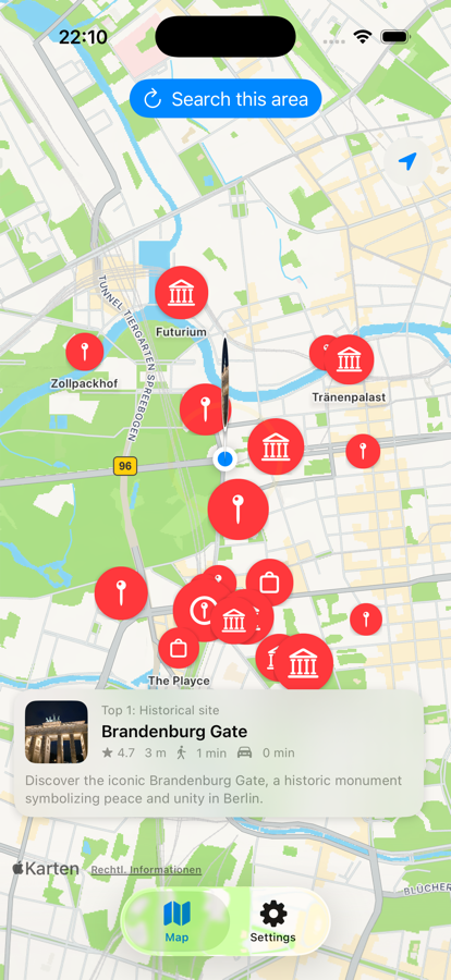 Story Places map view showing top sights in Berlin with the recommendation carousel