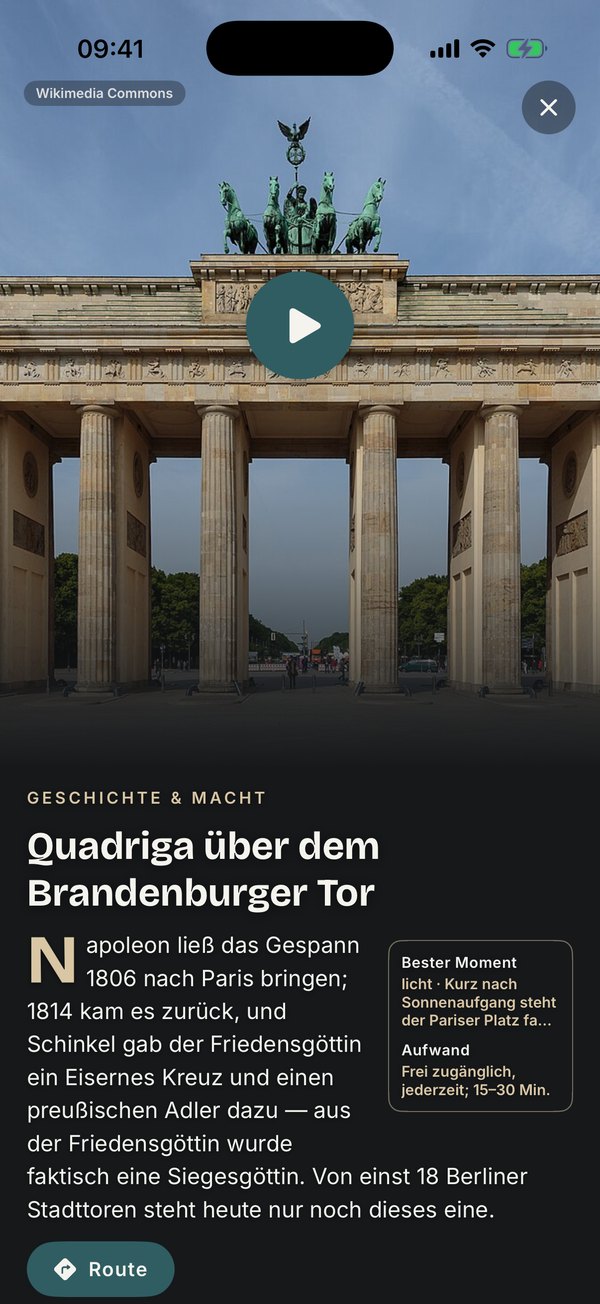 Full-screen view of the Quadriga on the Brandenburg Gate with a play button and the opening of its story